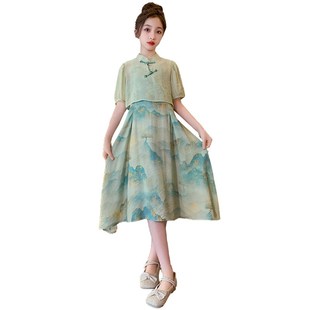 古风汉服裙子唐装 夏季 中国风套裙两件套 连衣裙2024新款 女大童夏装