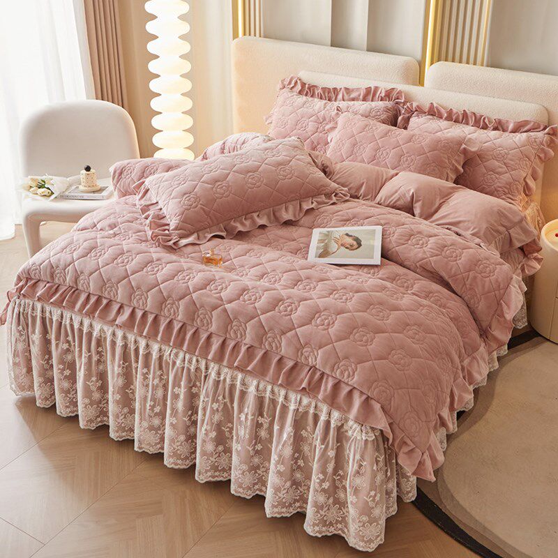 冬季a类婴儿珊瑚绒夹棉被套单件加厚双面加绒保暖三件套花边被罩