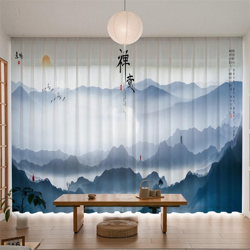 2024新中式窗帘阳台禅意专用中国风古典山水画荷花透光不透人纱帘