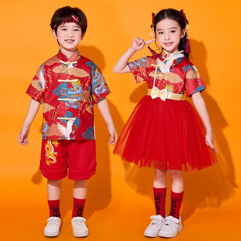 六一儿童啦啦队演出服合唱服中国风女童蓬蓬裙幼儿园舞蹈表演服装