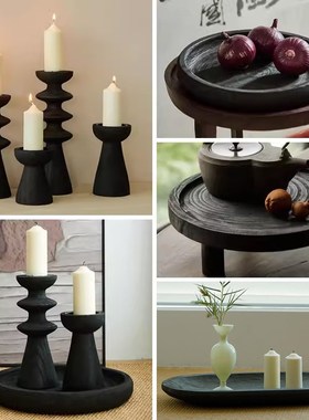 高级复古黑色泡桐木层叠烛台圆形果盘摆件客厅样板间居家艺术装饰