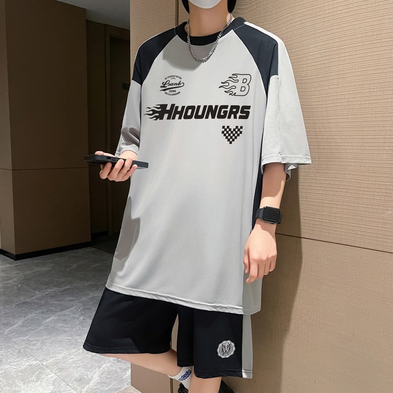 青少年冰丝运动套装12岁男孩初中学D生15胖大童夏季短袖短裤两件