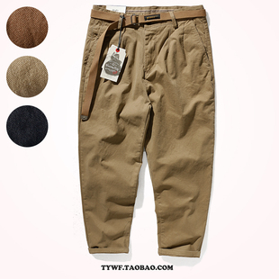 日系复古宽松小脚休闲裤男潮x款水洗做旧卡其布弹力梭织九分锥形