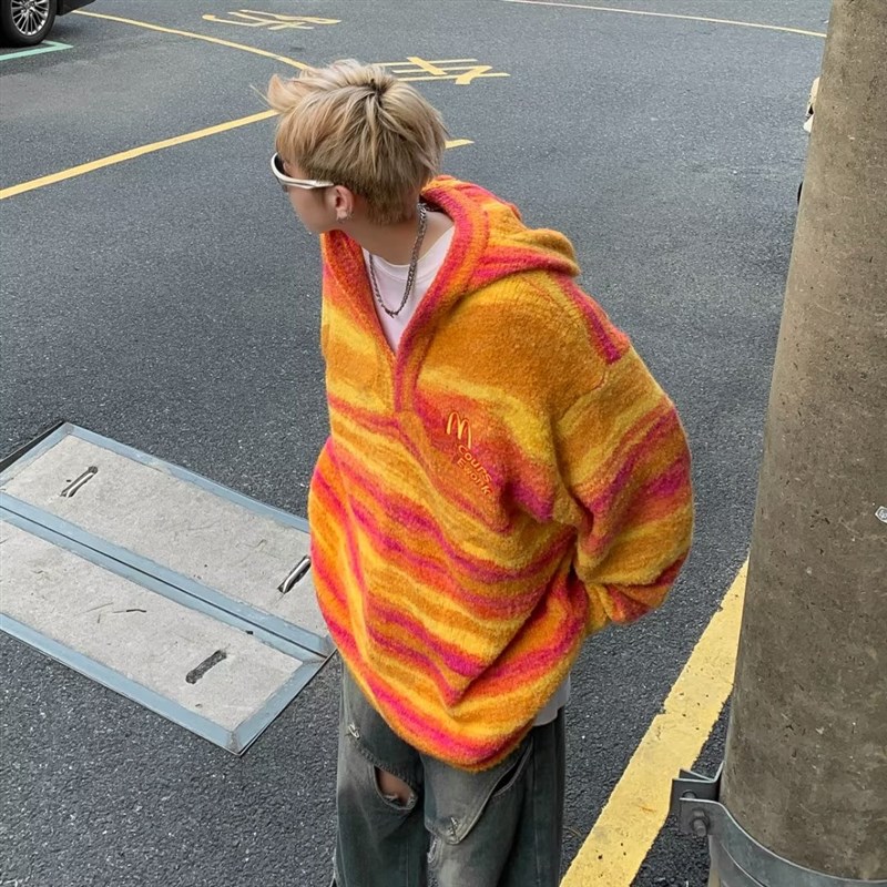 美式复古条纹连帽毛衣男款t秋冬季刺绣慵懒风宽松套头针织衫外套