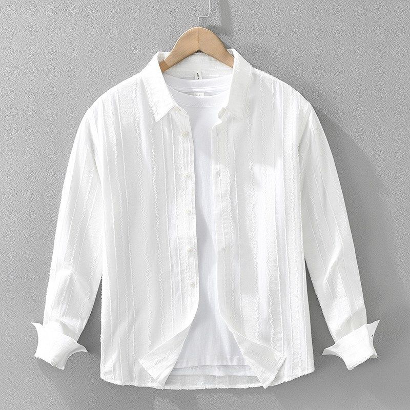 简约时尚肌理感纯棉长袖衬衫男士白色衬时尚百搭文艺休闲宽松上衣,男装,汉服,淘宝优惠券,粉丝福利购,淘宝优惠卷