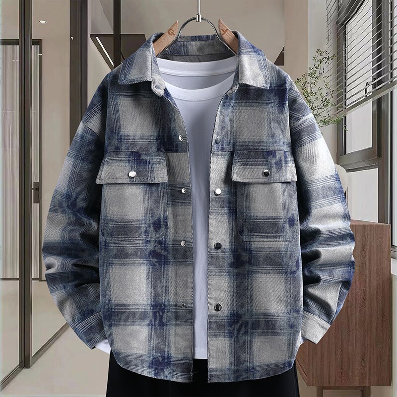 日系格子翻领外套男春秋款t初高中学生牛仔衣潮流帅气大童男装夹