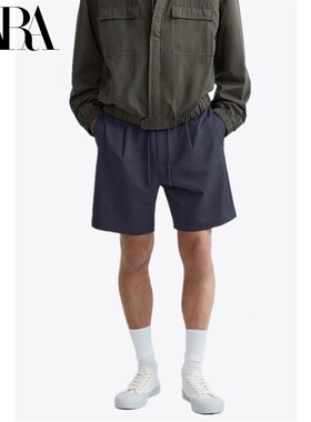 24夏季 男装 蓝色宽松凉感泡泡纱打褶宽松休闲短L裤 7380568 401