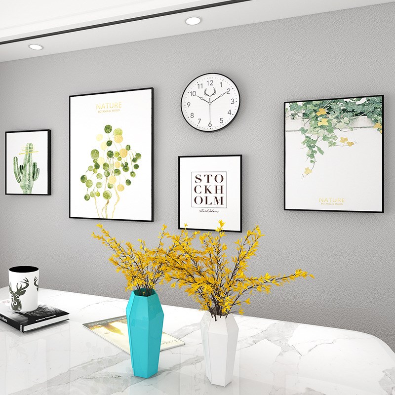 北欧绿植风油画布餐厅装饰画钟表组合客厅沙发背景墙面挂画组合