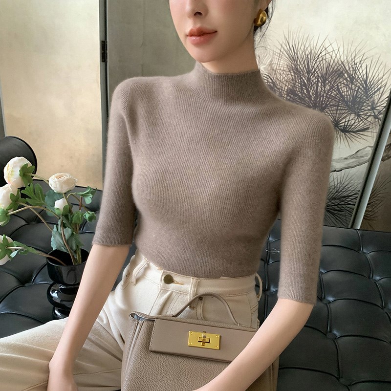 春季款薄款100%纯羊毛衫女半高领五分袖修M身毛衣气质针织打底半