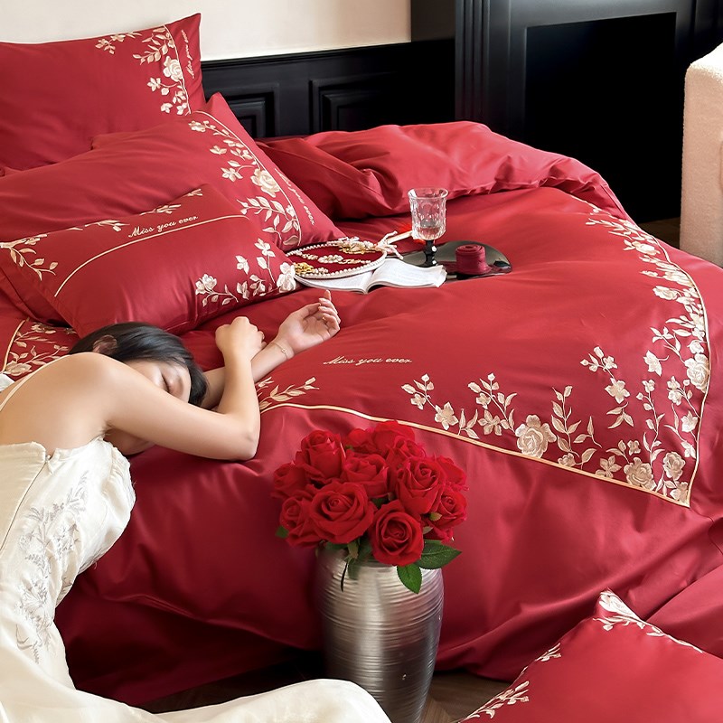 春夏新品绣花婚庆四件套全棉100支长绒棉红色结婚被套床单1.8床品