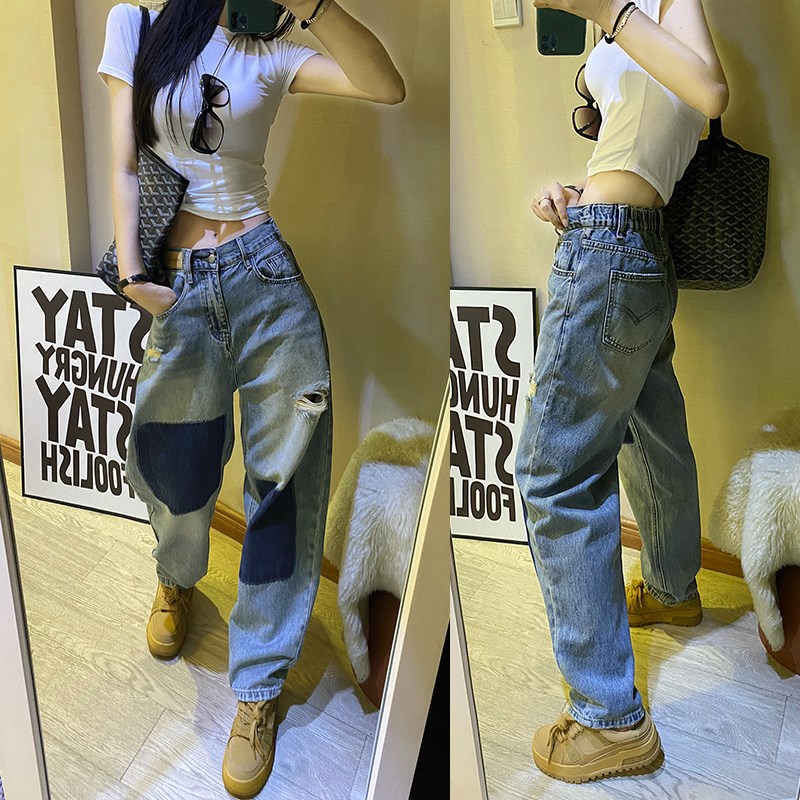 破洞撞色时尚老爹牛仔裤女春x秋新款复古怀旧高腰宽松萝卜哈伦裤
