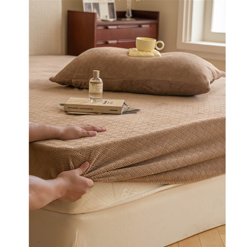 秋冬加厚保暖牛奶绒o床笠三件套 简约肌理纹北欧床垫保护套床罩