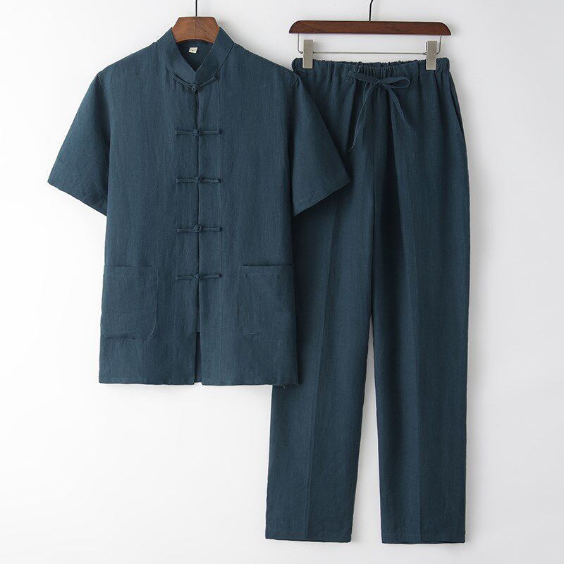 亚麻唐装男薄款短袖套装复古w中老年夏装中式盘扣汉服国风休闲男