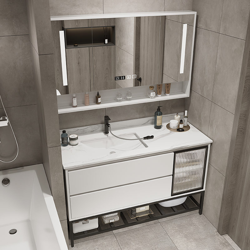轻奢岩板浴室柜组合现代简约落地式洗脸洗手盆池卫生间洗漱台一体