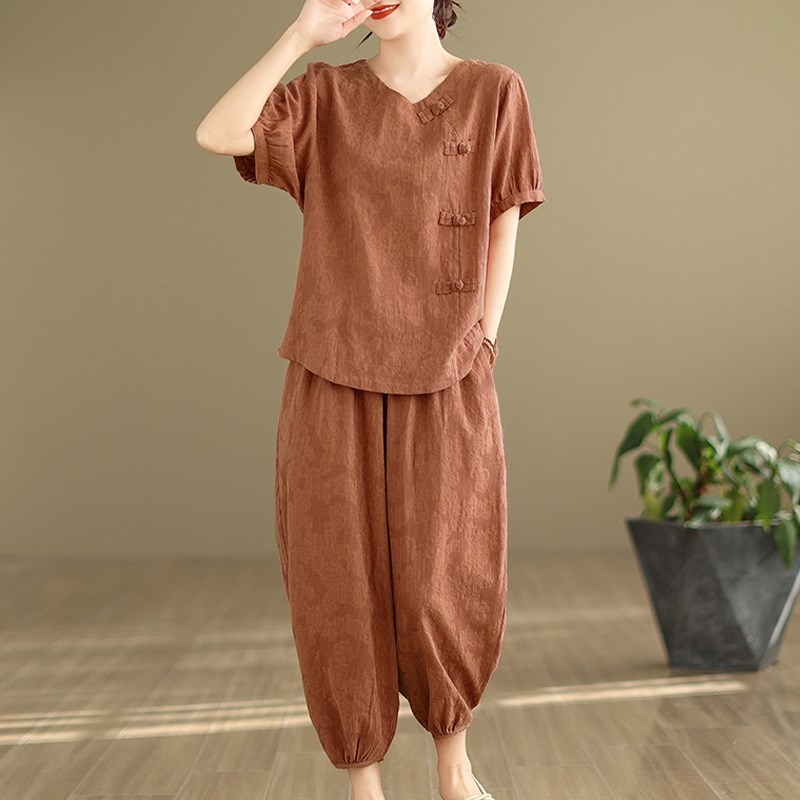 中式国风妈c妈夏装2024新款棉麻套装女夏季洋气大码女装亚麻两件