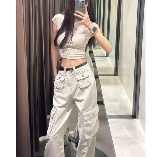 美式高街工装裤女2023新款夏季辣妹正肩短袖tR恤短款上衣两件套装