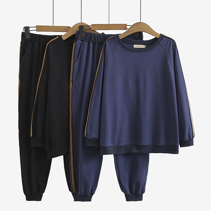 大码运动套装女宽松时尚洋气v2022新款胖mm显瘦侧边烫条休闲两件