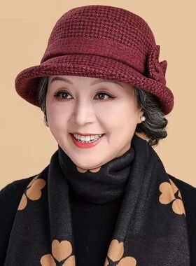 冬季老人针织保暖毛呢盆帽妈妈帽子女秋冬中老年人奶奶渔夫老太太