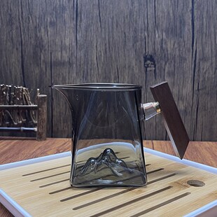 日式公道杯观山加厚玻璃木柄方形茶海带茶漏带把手分茶器茶滤套装