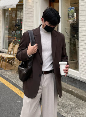 春秋季棕色休闲西装外套男士韩版宽松潮流男N生单件上衣时尚西服