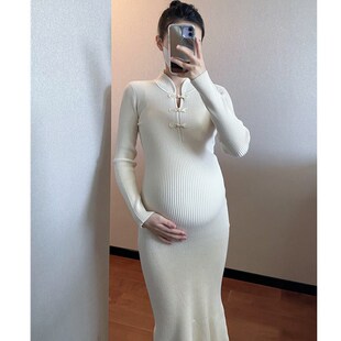 文文家针a织孕妇装秋冬女旗袍盘扣针织柔软保暖打底毛衣长款鱼尾