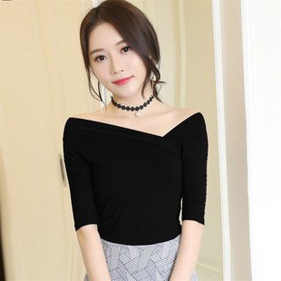 春夏黑色一字领斜肩T恤交叉露肩紧身V领上衣女修身显瘦.学生打底