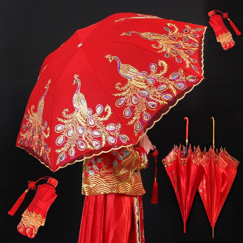 创意结婚礼纪新娘雨伞三折伞短柄女晴雨两用伞Q新人陪嫁蕾丝红直