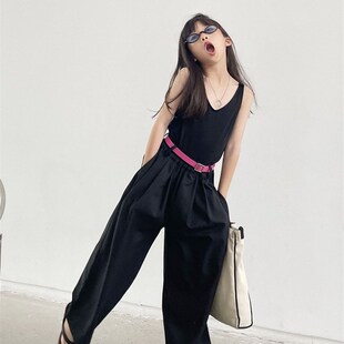 豆丁韩国儿童铜氨丝紫色V领洋气女童黑色外穿背心上衣大童亲子装