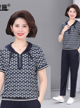 洋气妈妈运动套装短袖连帽r2024新款时尚休闲中年女衣服夏装两件