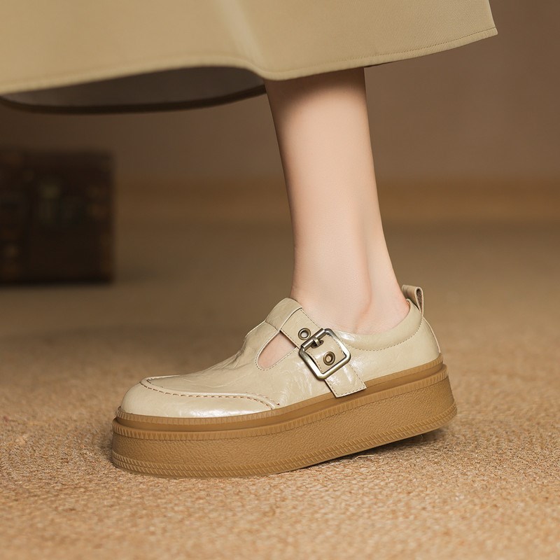 2025春新款真皮厚底杏色英伦风小皮鞋女坡跟松糕底皮带扣懒人单鞋