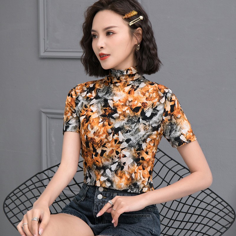 洋气春季女装欧货新品时尚针织薄款半高领中袖t恤上衣Z修身打底衫