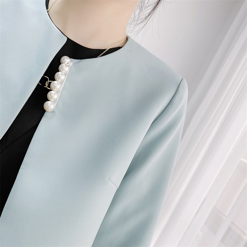 浅蓝色短外套女长袖圆领披肩旗袍外搭小西服M女士西装外套短款上