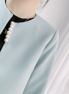 浅蓝色短外套女长袖圆领披肩旗袍外搭小西服M女士西装外套短款上