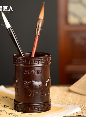 黑檀木雕五牛图笔筒工艺品办公室书桌家居M客厅木质笔筒摆件送礼