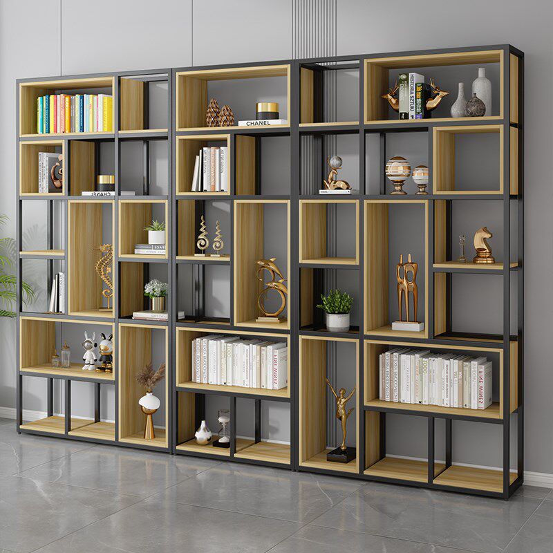 美式铁艺落地屏风隔断客厅架子实木书架现代简约展示架隔板置物架