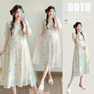 孕妇装夏装小清新外出轻薄透气VC领碎花长裙夏季宽松型显瘦连衣裙