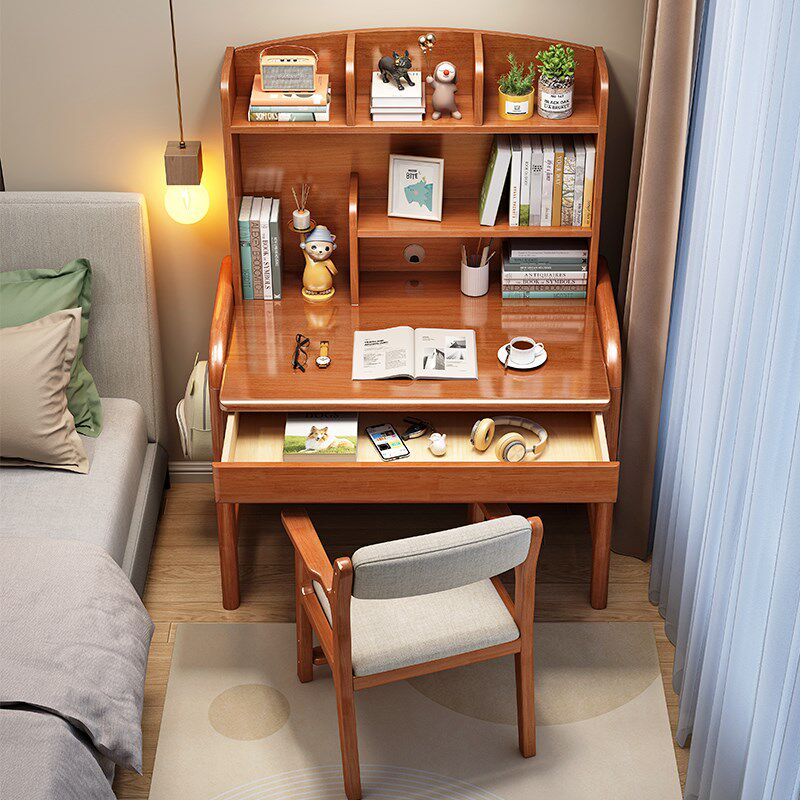 实木带书架儿童学习桌子学生专用书桌小孩子可升降家用课桌椅套装