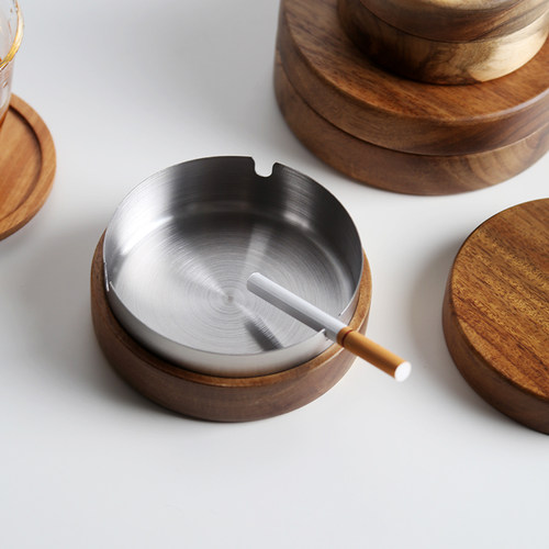 定制LOGO刻字 实木复古酒店带盖防飞灰办公室烟缸木质车载烟灰缸