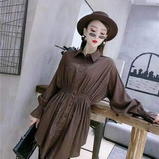 2022春秋新款中长法式复古收腰衬衫女修身显瘦打底衬衣灯笼袖上衣