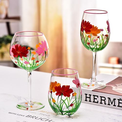 法兰晶彩绘玻璃杯家用客厅轻奢高脚红酒杯葡萄酒杯喝水杯蛋杯套装