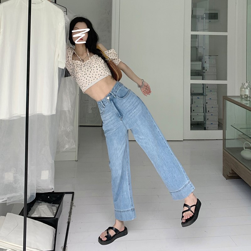 小个子裤子150八分浅色牛仔阔腿裤女春夏宽松显高145xs九分直筒裤