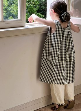女童设计感裙子公主连衣裙立体时髦茧型复古格子背心裙夏25C080