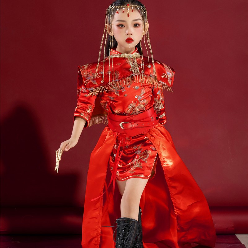 女童走秀模特大赛服装长袖旗袍中国风国潮红拖尾长袖名族拖尾礼服