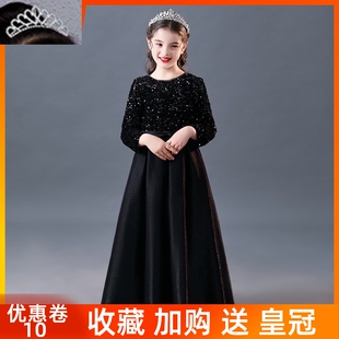 冬季黑色儿童年会演出礼服女童合唱长袖晚礼服钢琴演奏服公主裙新
