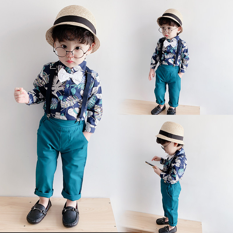 男童西装宝宝欧美风衬衫背带裤套装婴儿周岁生日礼服春秋款花童