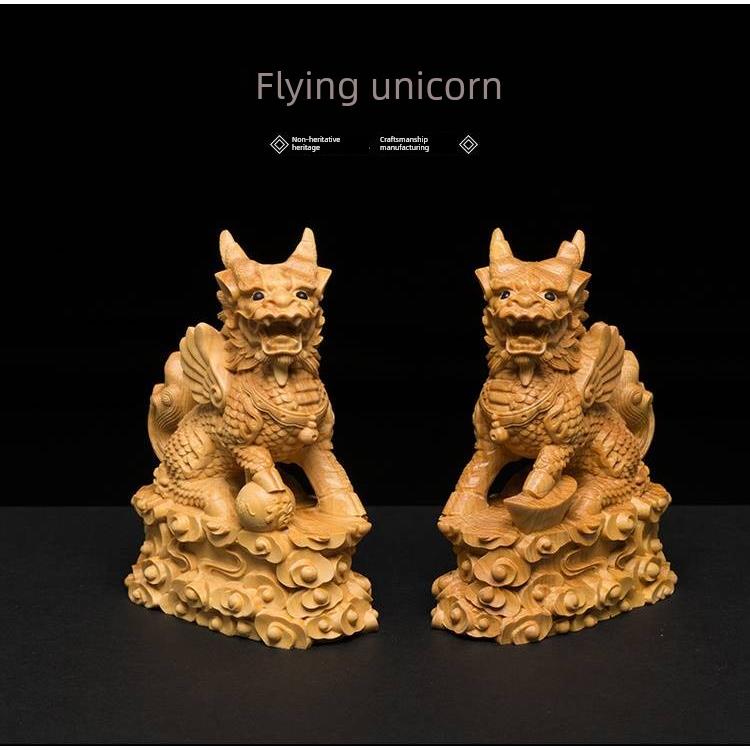 小叶黄杨木雕刻工艺品麒麟一对小摆件实木客厅装饰品办公室摆设