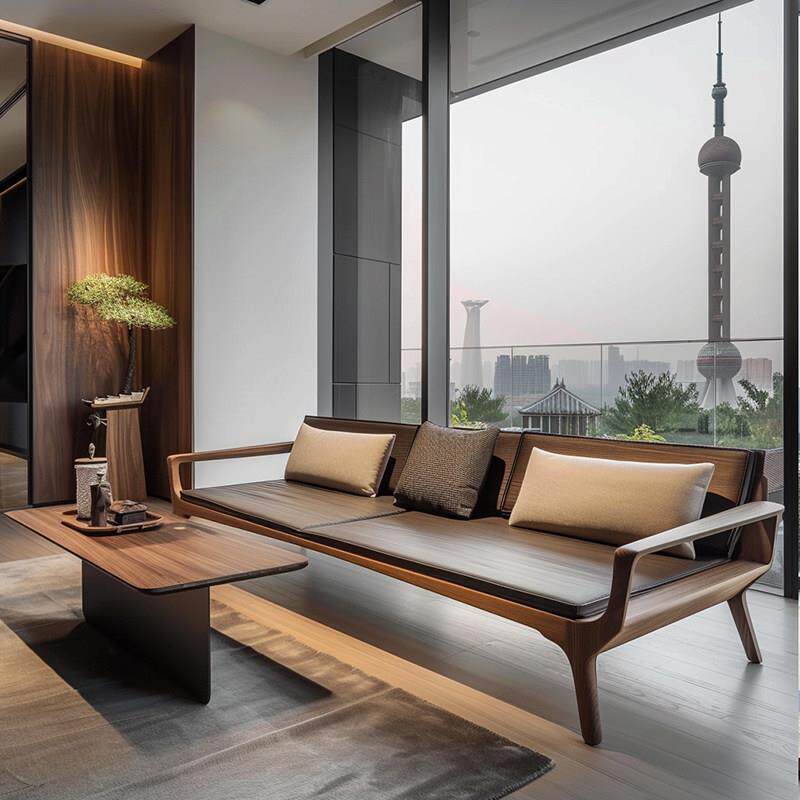 新中式黑胡桃木罗汉床沙发床两用民宿客厅沙发意白蜡木实木罗汉椅