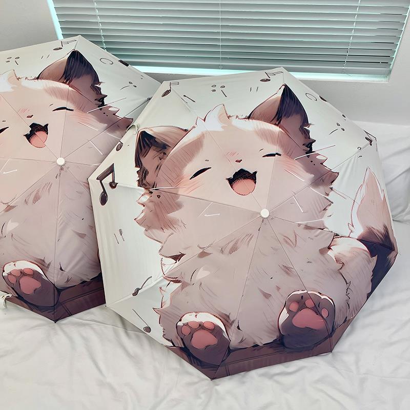 可爱猫咪黑胶折叠伞防晒抗UV晴雨两用自动女遮阳伞可携式遮阳伞