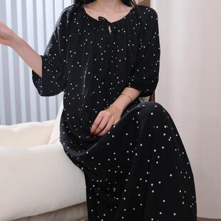 人造棉睡裙女夏棉绸波点睡衣宽松家居服薄款带内衬洋装夏天长裙