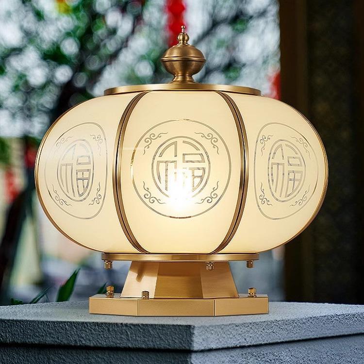 全铜太阳能柱头灯新中式圆形户外防水家用别墅庭院大门围墙柱子灯